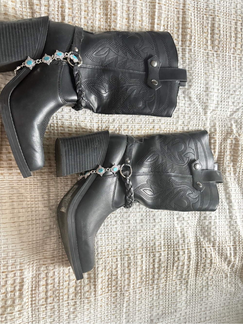 Forever 21 Black Western Block Heel Boots with Turquoise Accents